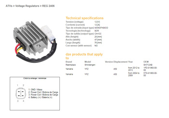 REGOLATORE DI TENSIONE DZE YAMAHA YFZ450 04-09, 12-13 (SH712AB) (5TG-81960-00-00) (1PD-81960-00-00) (12A)
