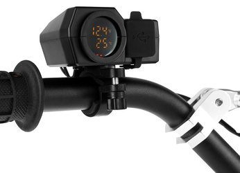 MOTOCYKLOWE PODWÓJNE GNIAZDO USB QUICK CHARGE 3.0 Z WOLTOMIERZEM I WSKAŹNIKIEM TEMPERATURY ZEWNĘTRZNEJ MONTAŻ NA KIEROWN